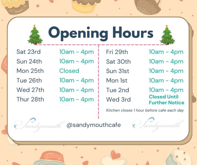 A heads up! Following a few weeks closed, here are our opening hours over the next few weeks.

If you're out and about looking for somewhere different to go, why not pop in and see us. We're happy to see new, and existing customers!